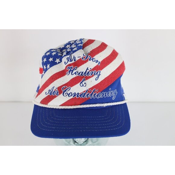Vintage 70s 80s Distressed 3 Stripes Heating AC Flag Trucker Snapback Hat USA - Picture 1 of 9